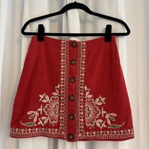 Blue Rain Embroidered Button Front Mini Skirt Boho Floral Size S Red